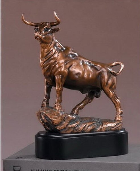 Stock Market Bull Figurine Statue Finished in Bronze mounted base